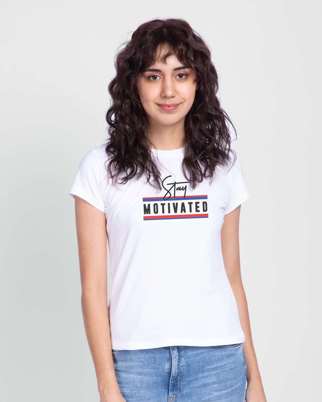 Shop Stay Motivated Stripe Half Sleeve Printed T-Shirt White-Back