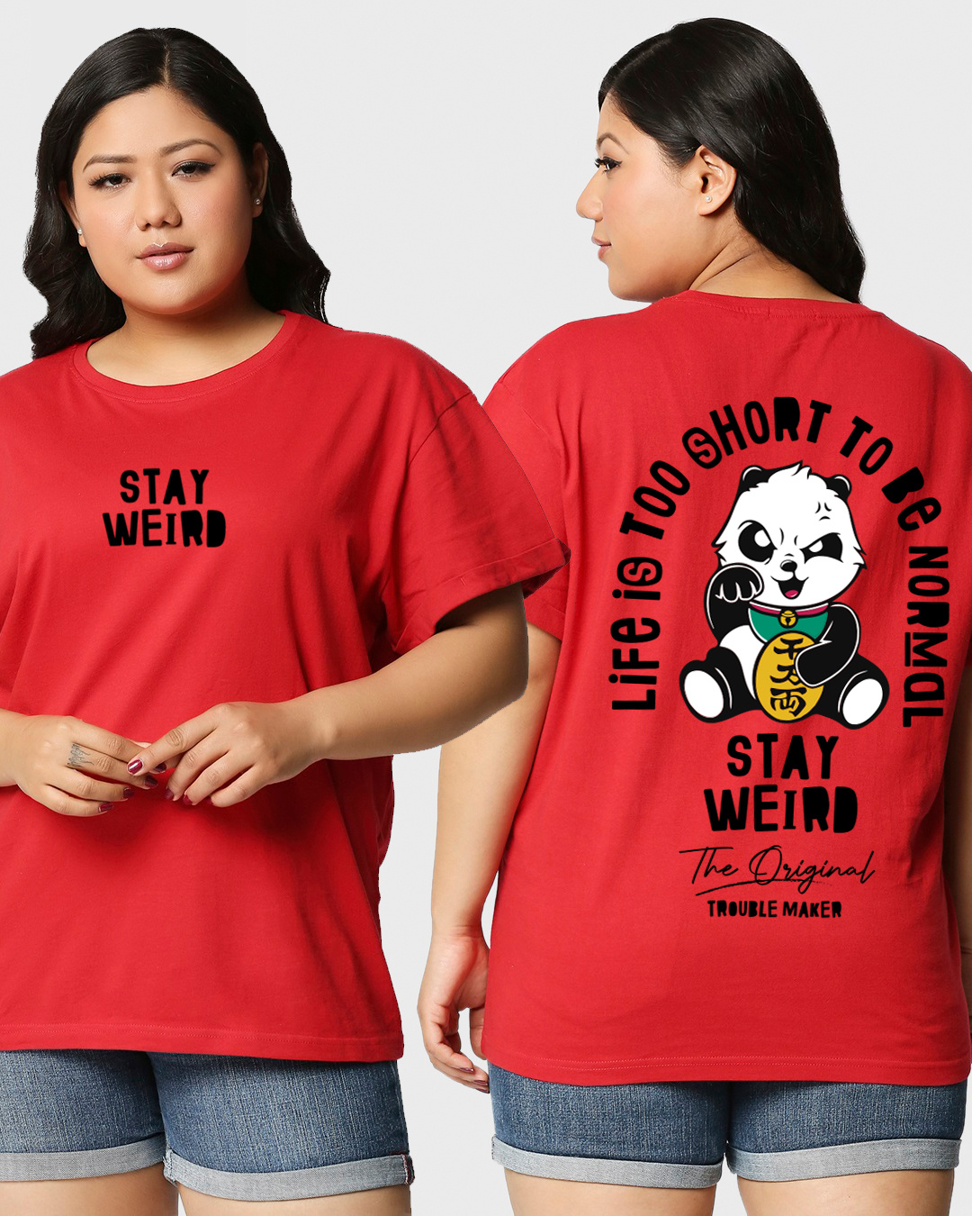 Buy Women's Red Stay Weird Typography Plus Size Boyfriend Tshirt