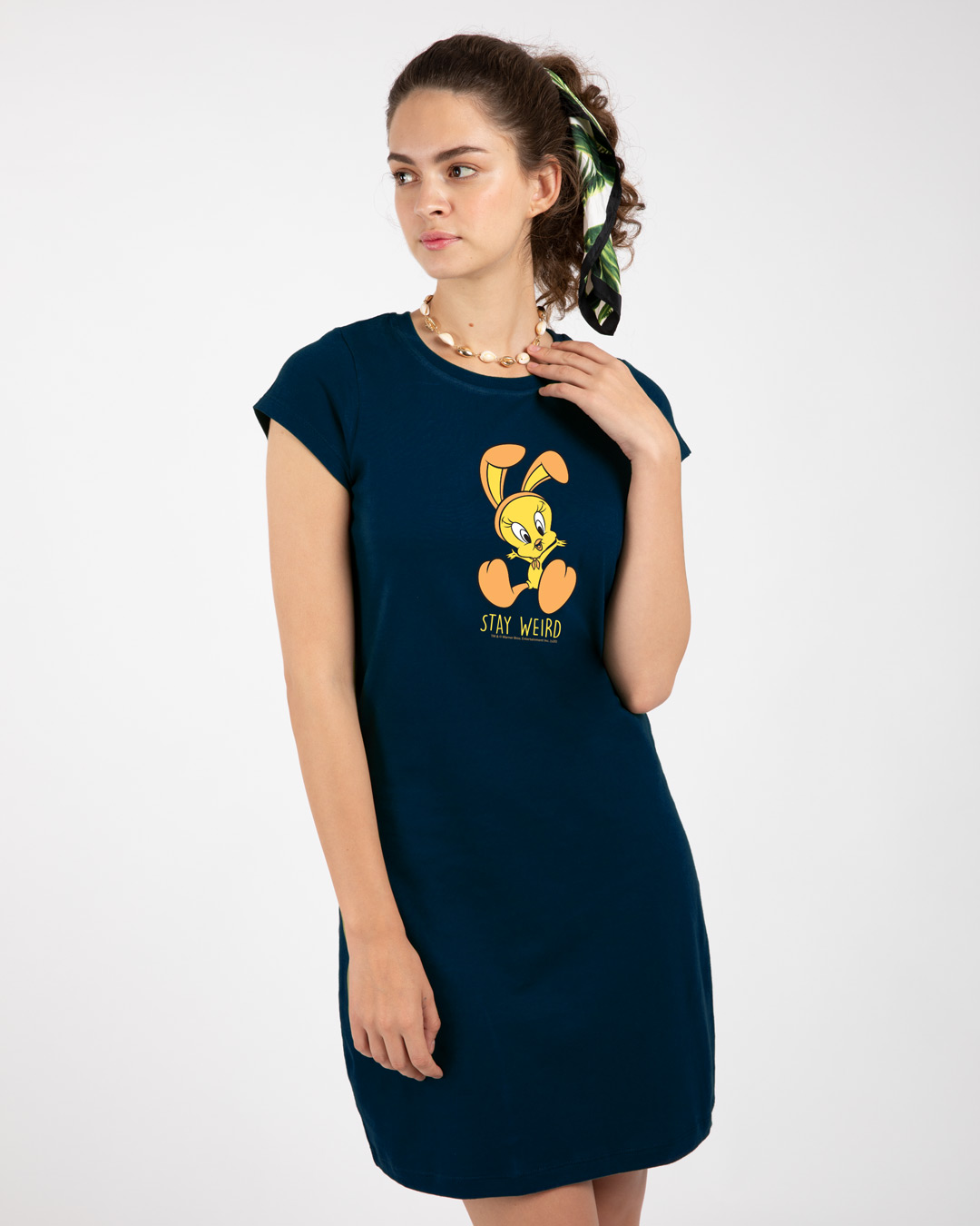 Shop Stay Weird Tweety Cap Sleeve Printed T-Shirt Dress (LTL) Navy Blue-Back