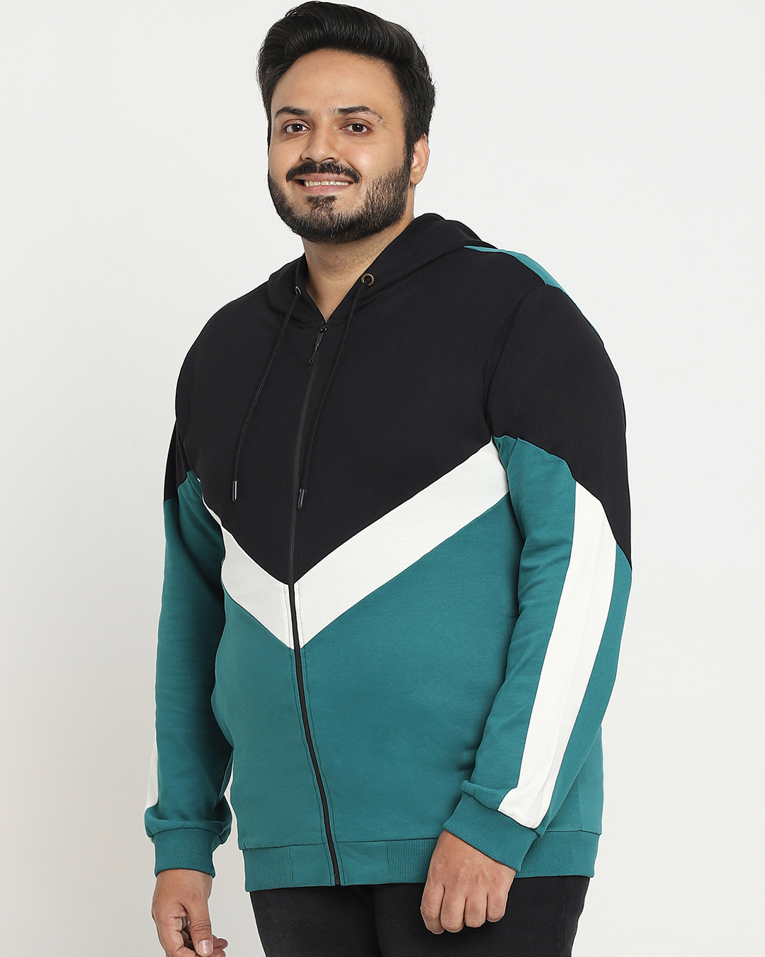 Shop Men's Black & Green Color Block Plus Size Zipper Hoodies-Back