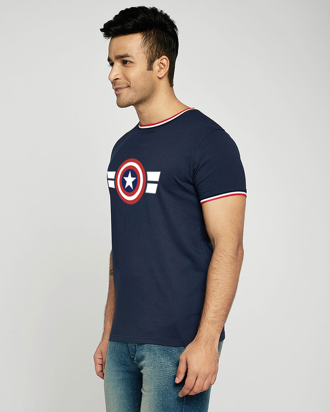 Shop Striped Captain America Crewneck Varsity Rib H/S T-Shirt (AVL)-Multicolor-Back