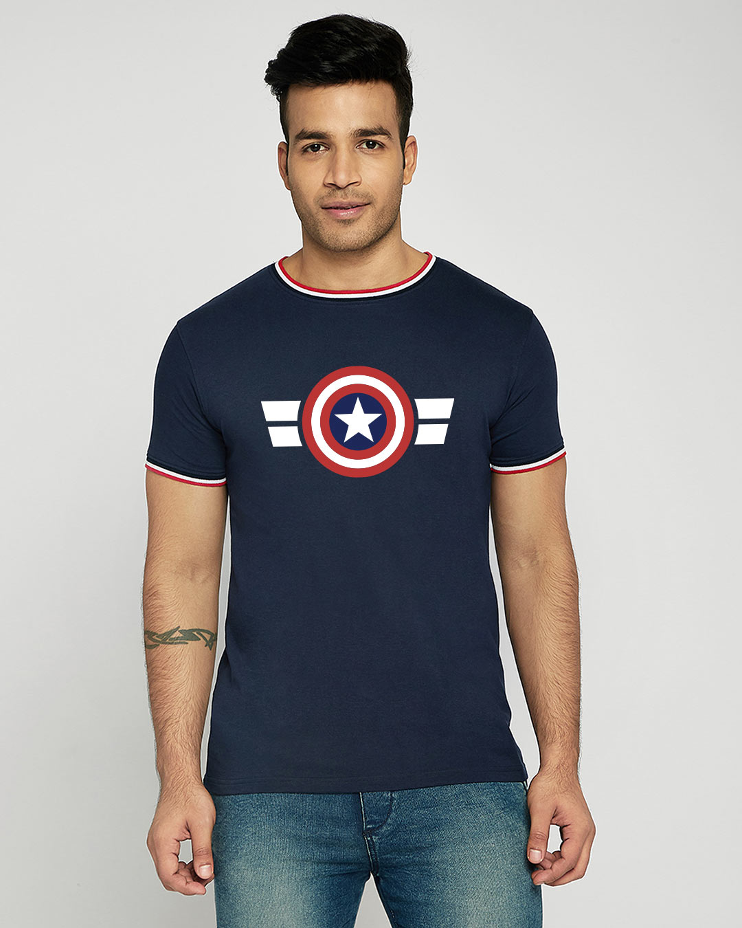

Striped Captain America Crewneck Varsity Rib H/ T-Shirt (AVL)-Multicolor Men' Printed Crewneck Varsity Rib H/ T-Shirt Bewakoof.com, Blue-blue-white-red