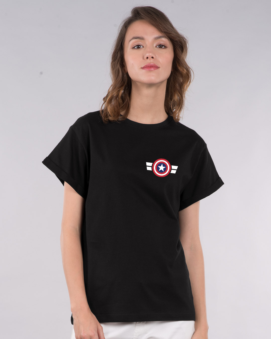 Shop Striped Captain America Printed Badge Boyfriend T-Shirt (AVL)-Back