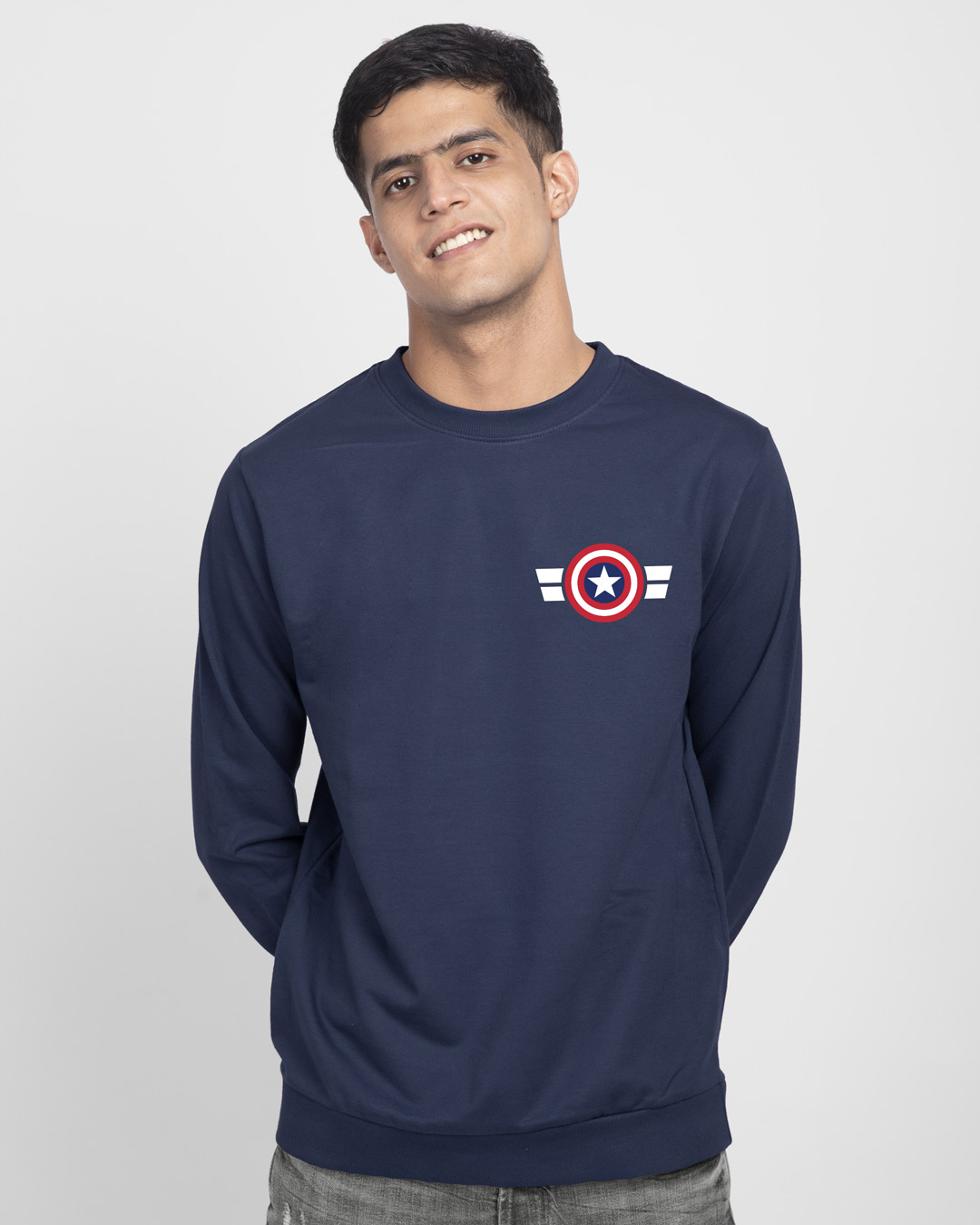 Shop Striped Captain America Printed Badge Fleece Light Sweatshirt (AVL)-Back