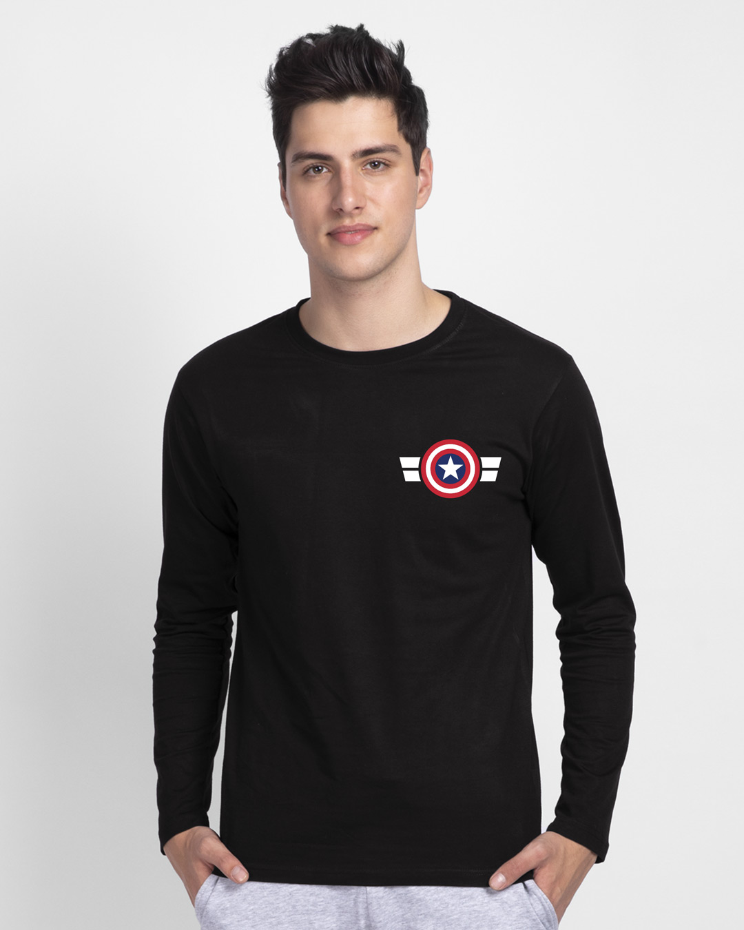 Shop Striped Captain America Printed Badge Full Sleeve T-Shirt (AVL)-Back