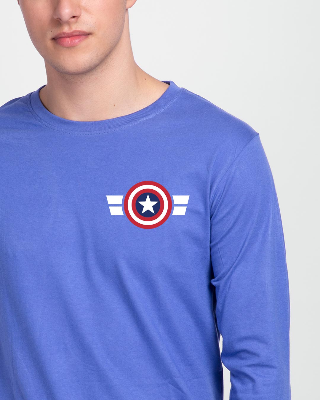 

Striped Captain America Printed Badge Full Sleeve T-Shirt (AVL) Men' Printed Full Sleeve T-Shirt Bewakoof.com, Blue