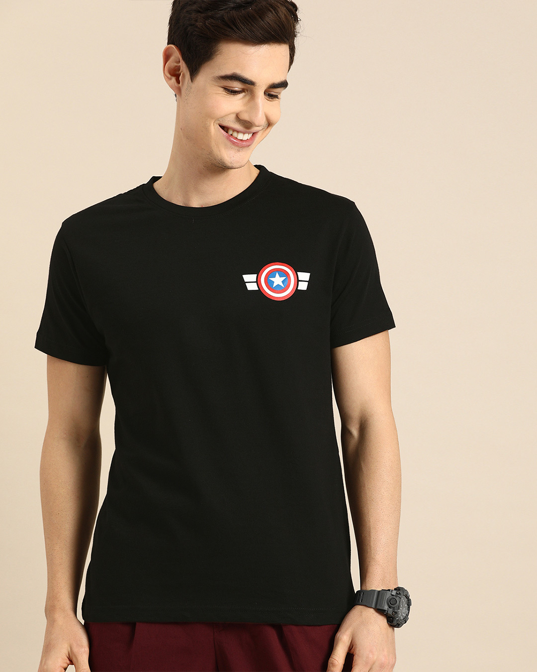 Shop Striped Captain America Printed Badge Half Sleeve T-Shirt (AVL)-Back