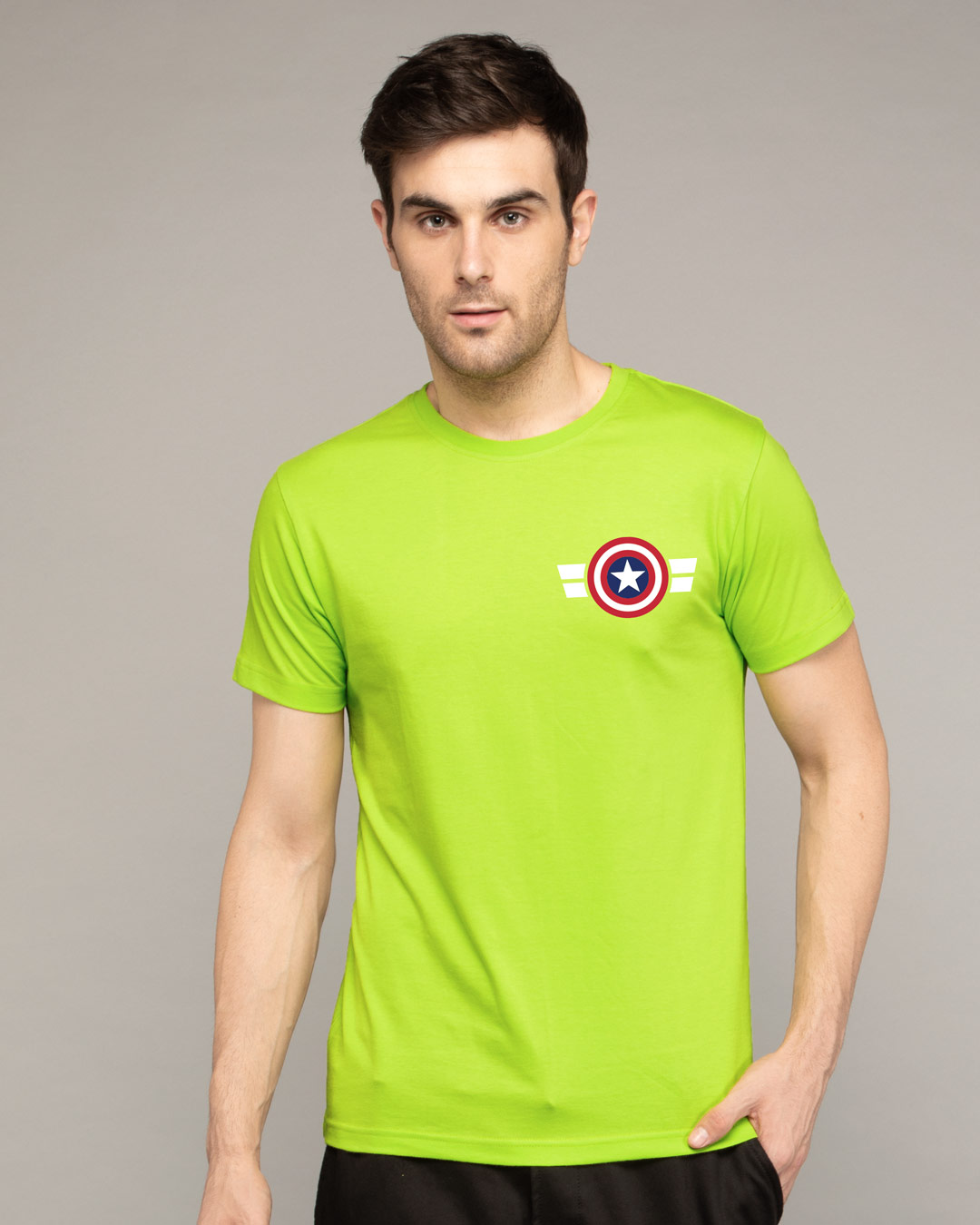 Shop Striped Captain America Printed Badge Half Sleeve T-Shirt (AVL)-Back