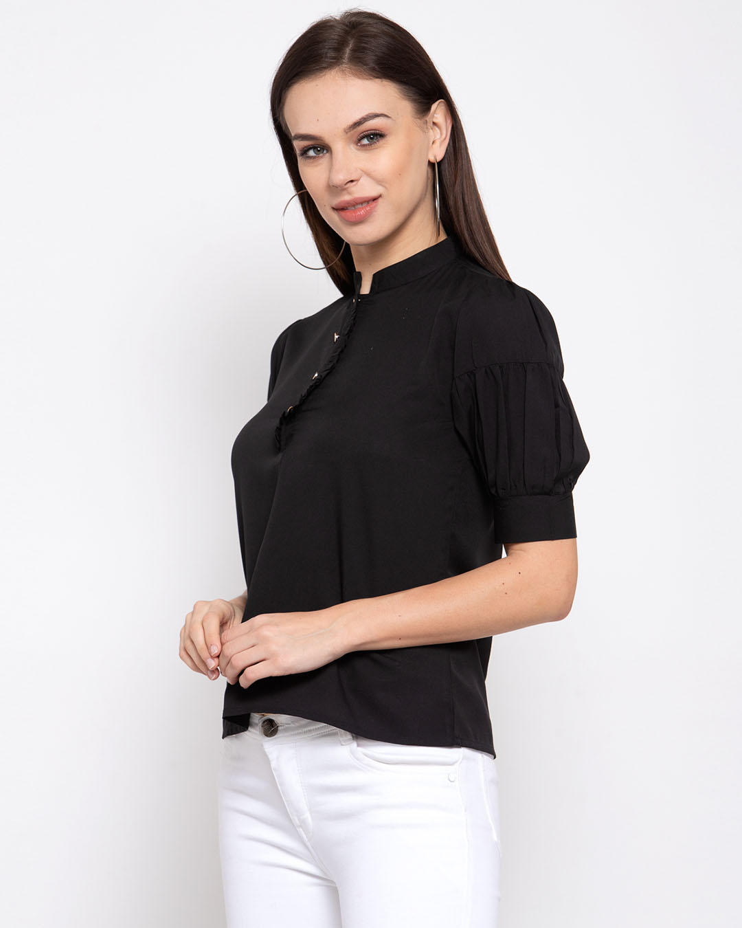 Shop Black Mandarin Collar Puff Sleeves Crepe Shirt Top-Back