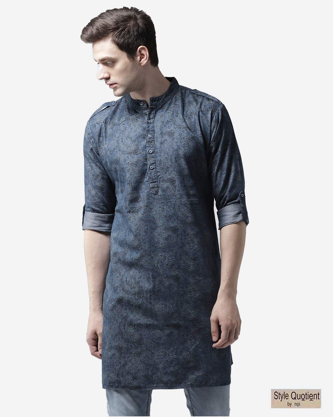 

Style Quotient Men Blue Printed Denim Straight Kurta Style Quotient Mens Printed Straight Kurta Bewakoof.com, Aop