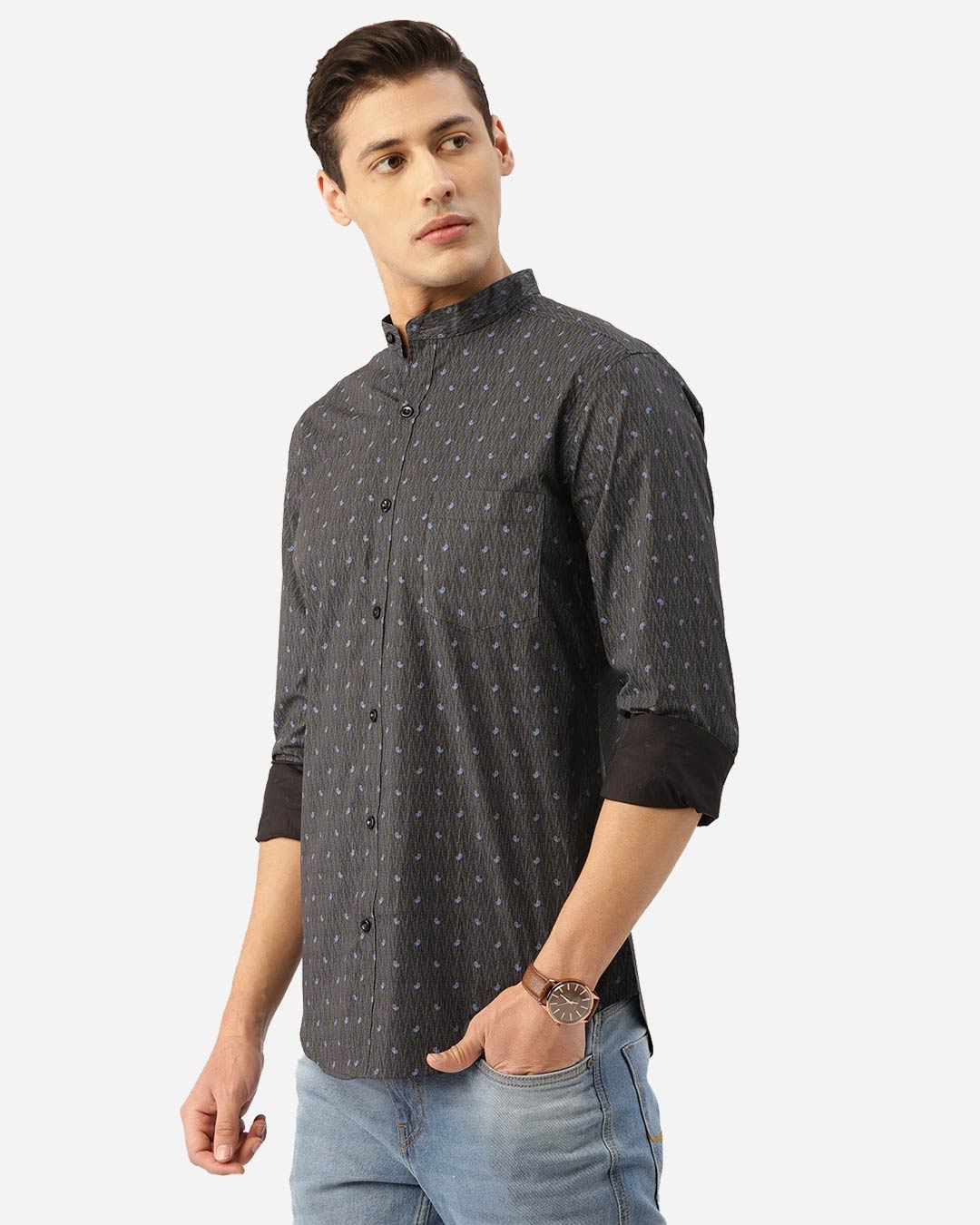 Shop Men Charcoal Grey & Blue Paisley Print Smart Shirt-Back