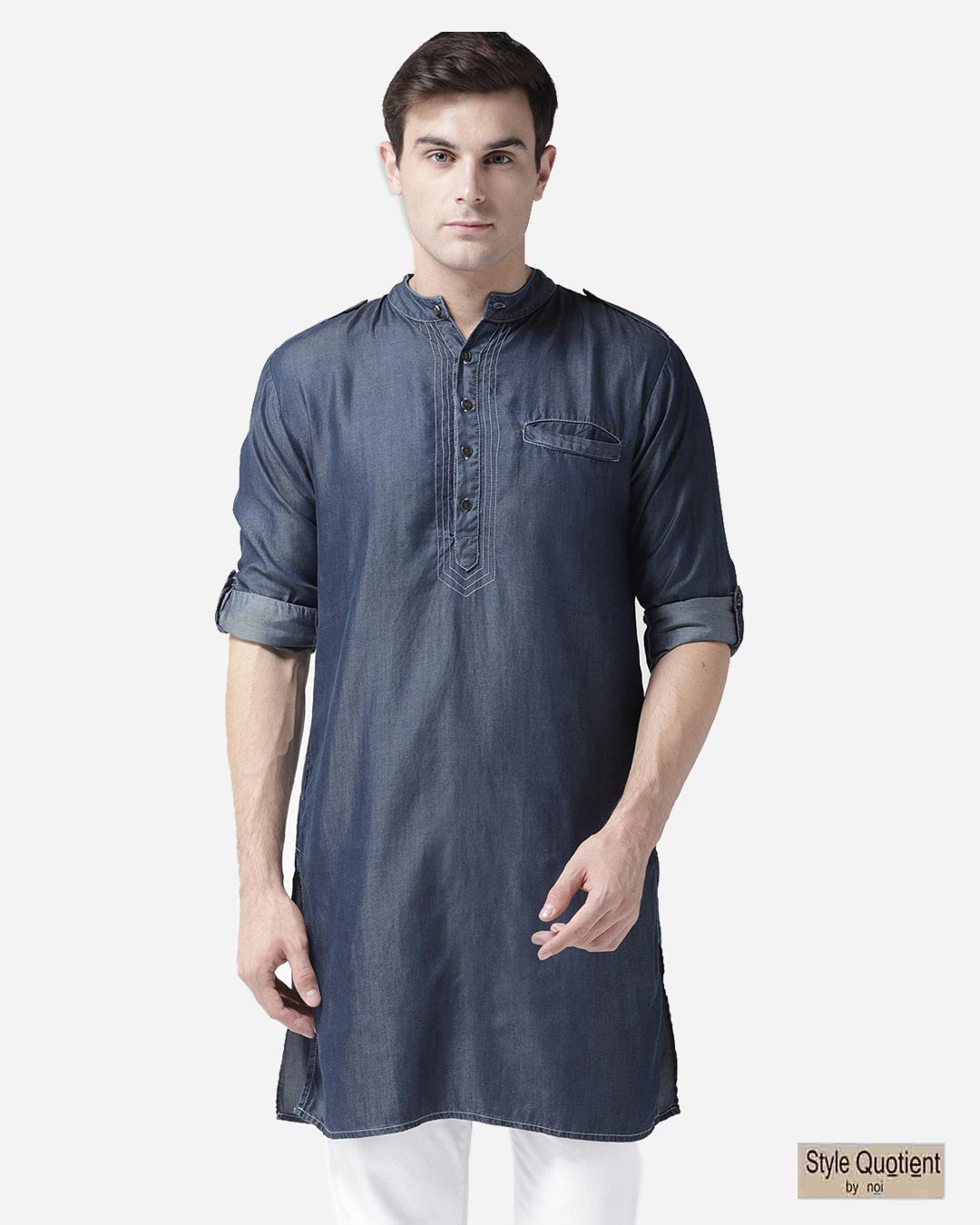 Buy Style Quotient Men Navy Blue Chambray Solid Pathani Kurta for Men ...