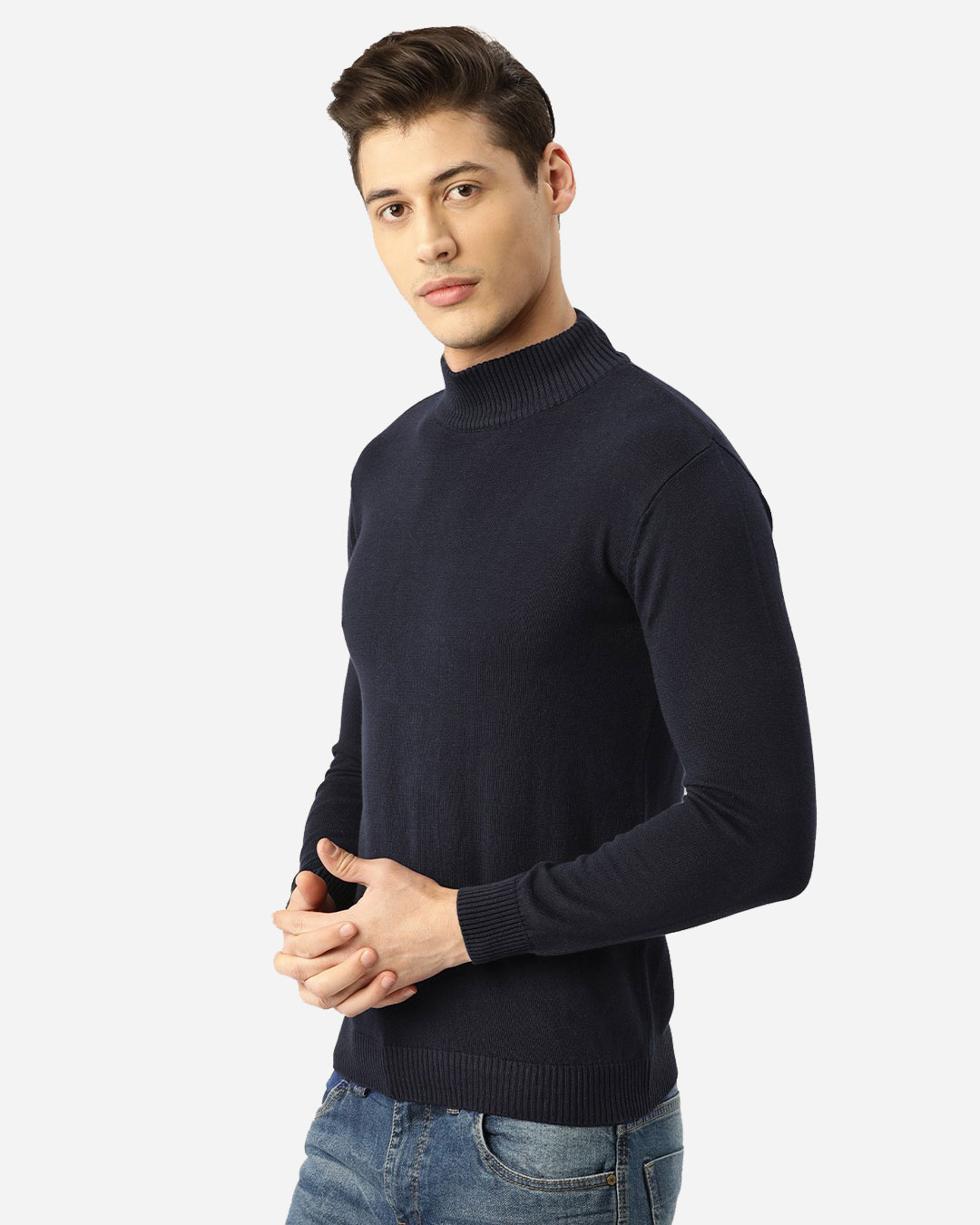 Shop Men Navy Blue Solid Pullover Sweater-Back