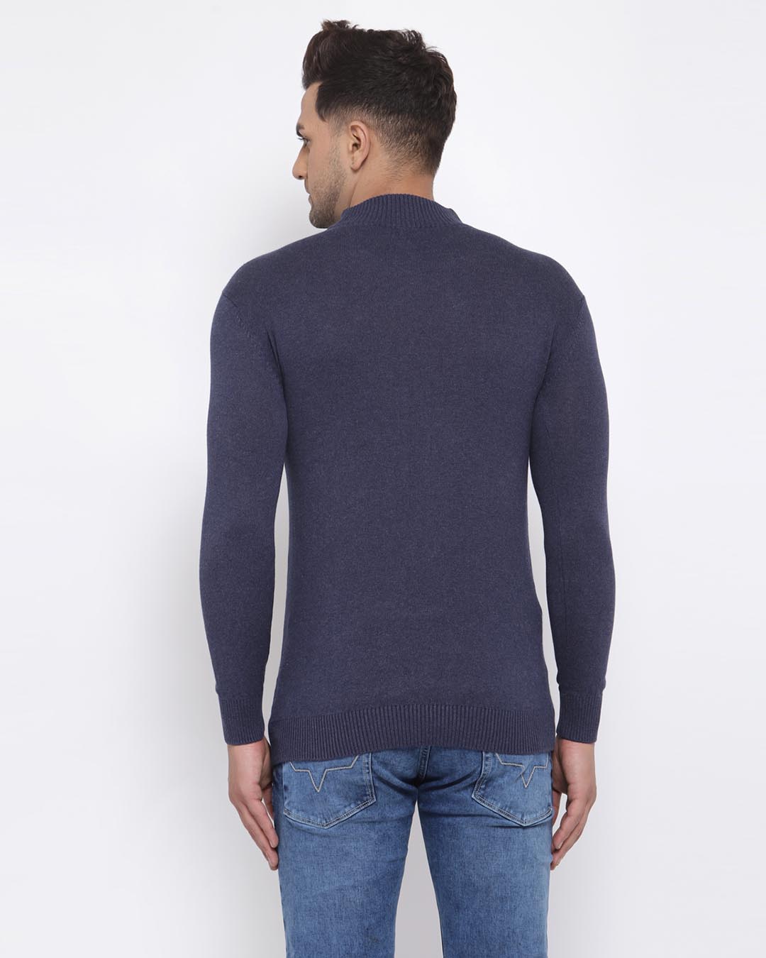 Shop Men Navy Blue Solid Pullover Sweater-Back