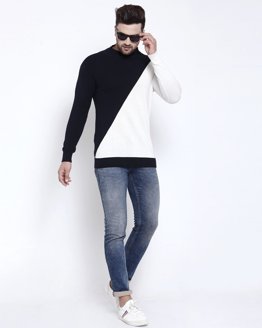 navy blue sweater mens outfit