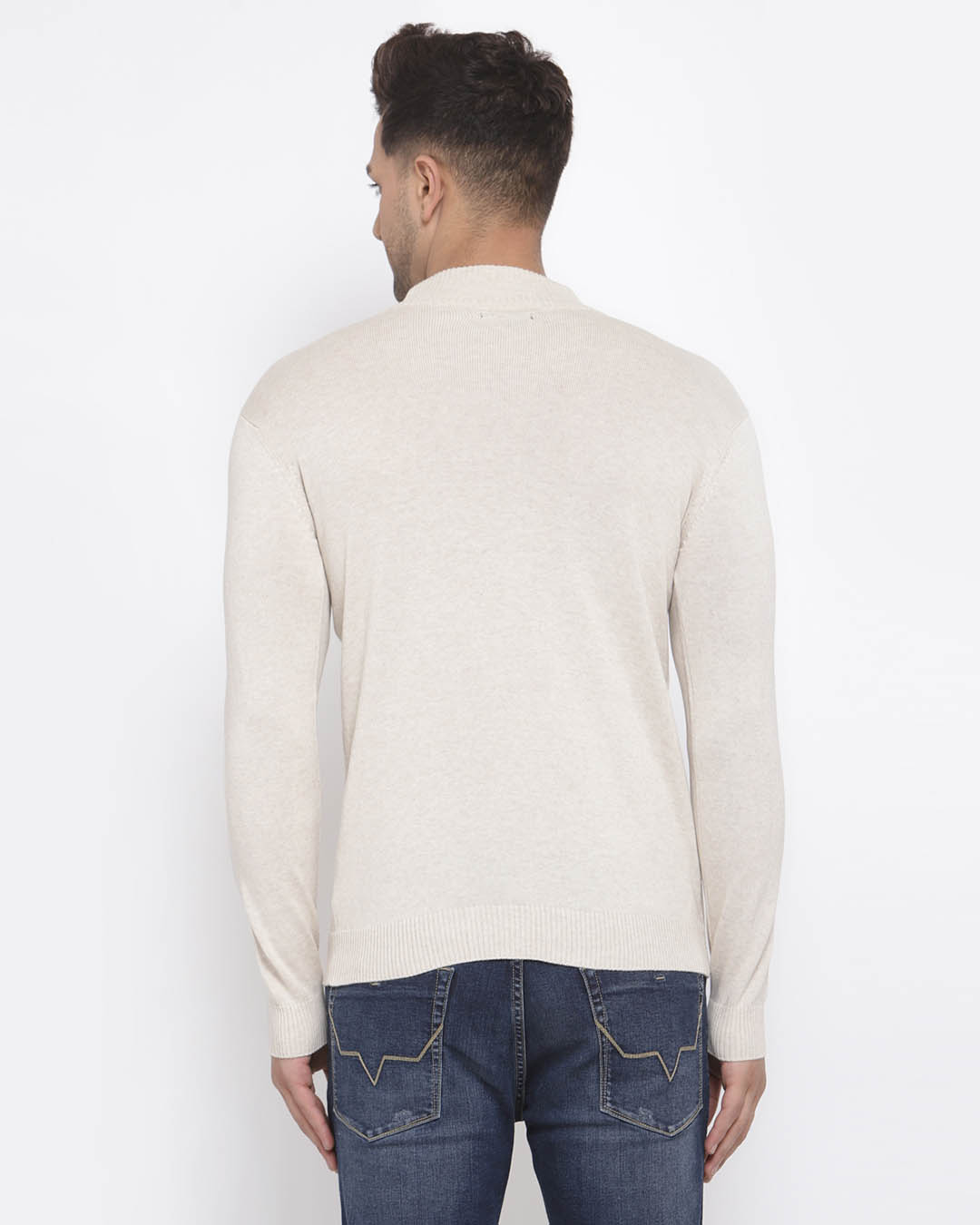 Shop Men Off White Solid Pullover Sweater-Back
