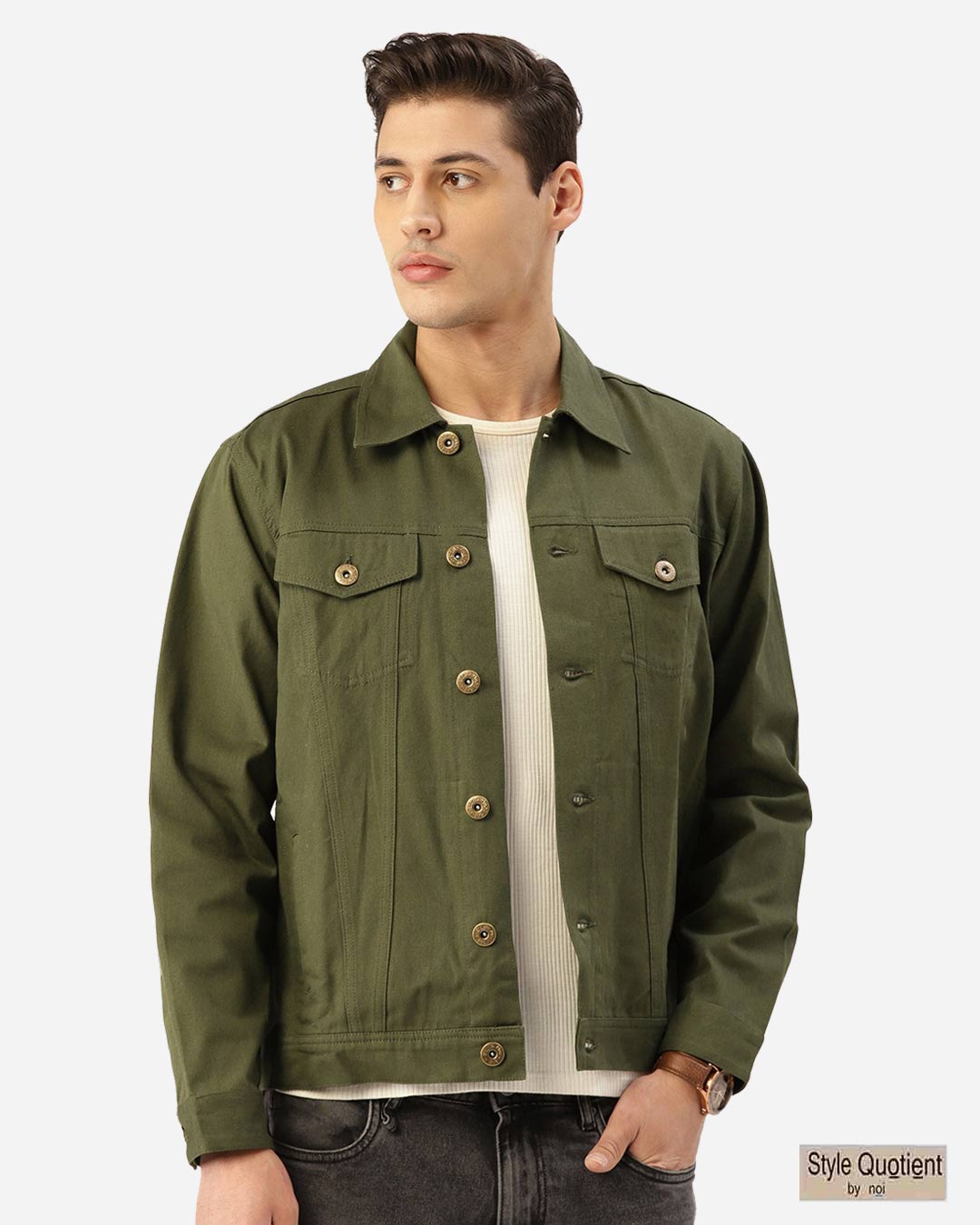style quotient men olive green solid denim jacket 316659 1638212685 1