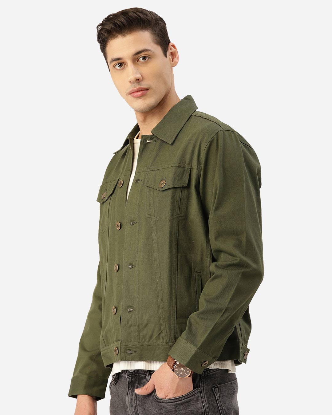Shop Men Olive Green Solid Denim Jacket-Back