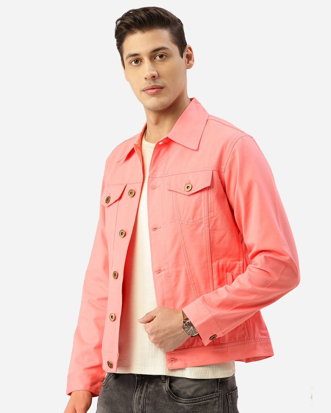 Shop Men's Pink Solid Denim Jacket-Back