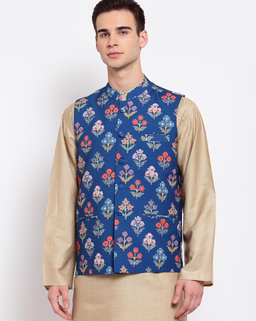 Buy Style Quotient Men's Blue Floral Printed Nehru Jacket for Men ...