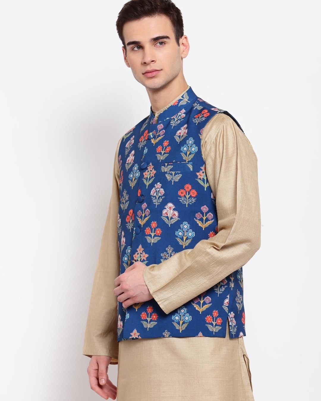 Shop Men's Blue Floral Printed Nehru Jacket-Back