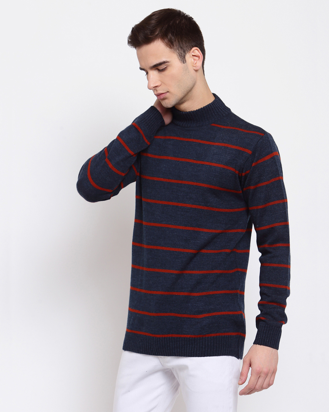 Shop Men's Blue Striped Regular Fit Sweater-Back