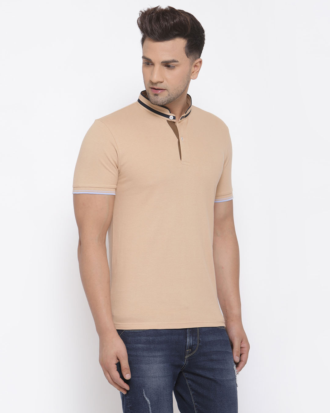 Shop Men's Beige Short Sleeves Casual T-shirt-Back
