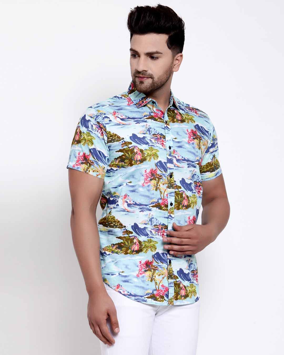 Shop Men's Blue Floral Print Shirt-Back