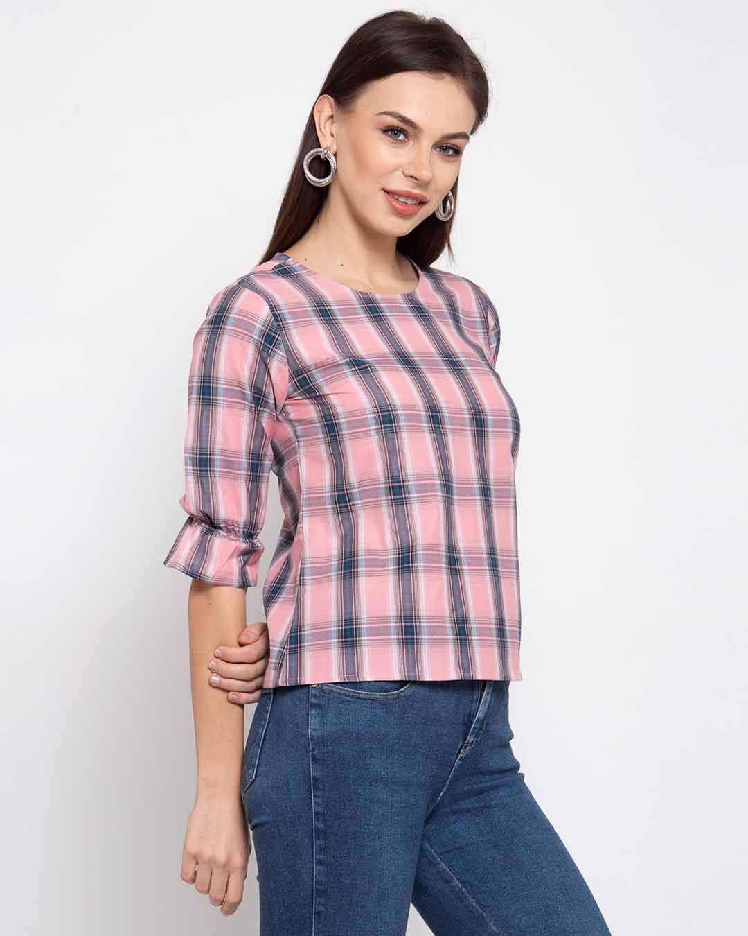 Shop Multicoloured Checked Bell Sleeves Top-Back