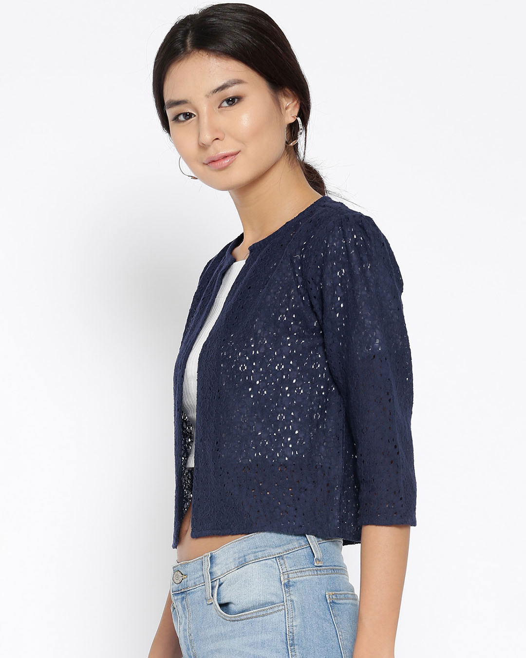 Shop Navy Lace Open Front Crop Shrug-Back