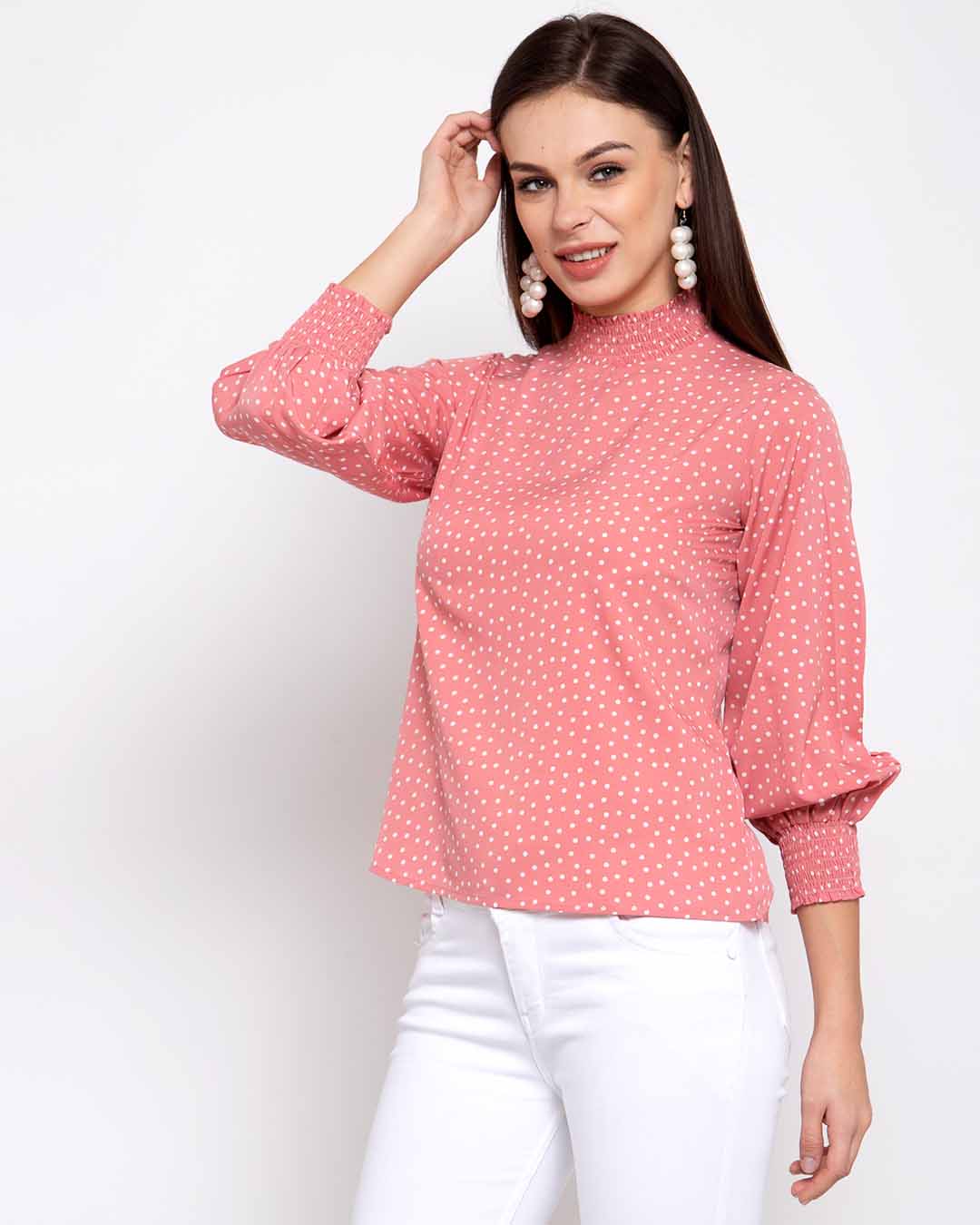 Shop Pink & White Printed Puff Sleeves Crepe Top-Back