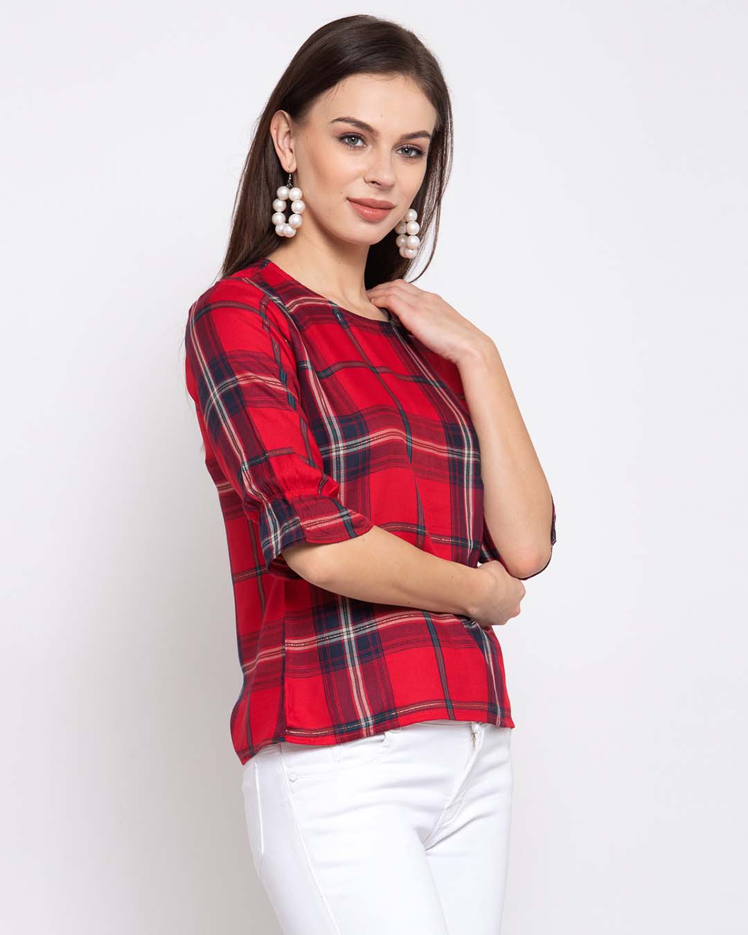 Shop Red Checked Bell Sleeves Top-Back