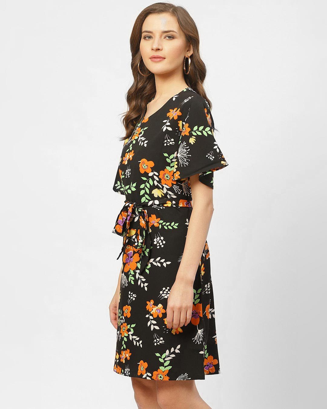 Shop Women's Black & Orange Floral Printed A Line Dress-Back