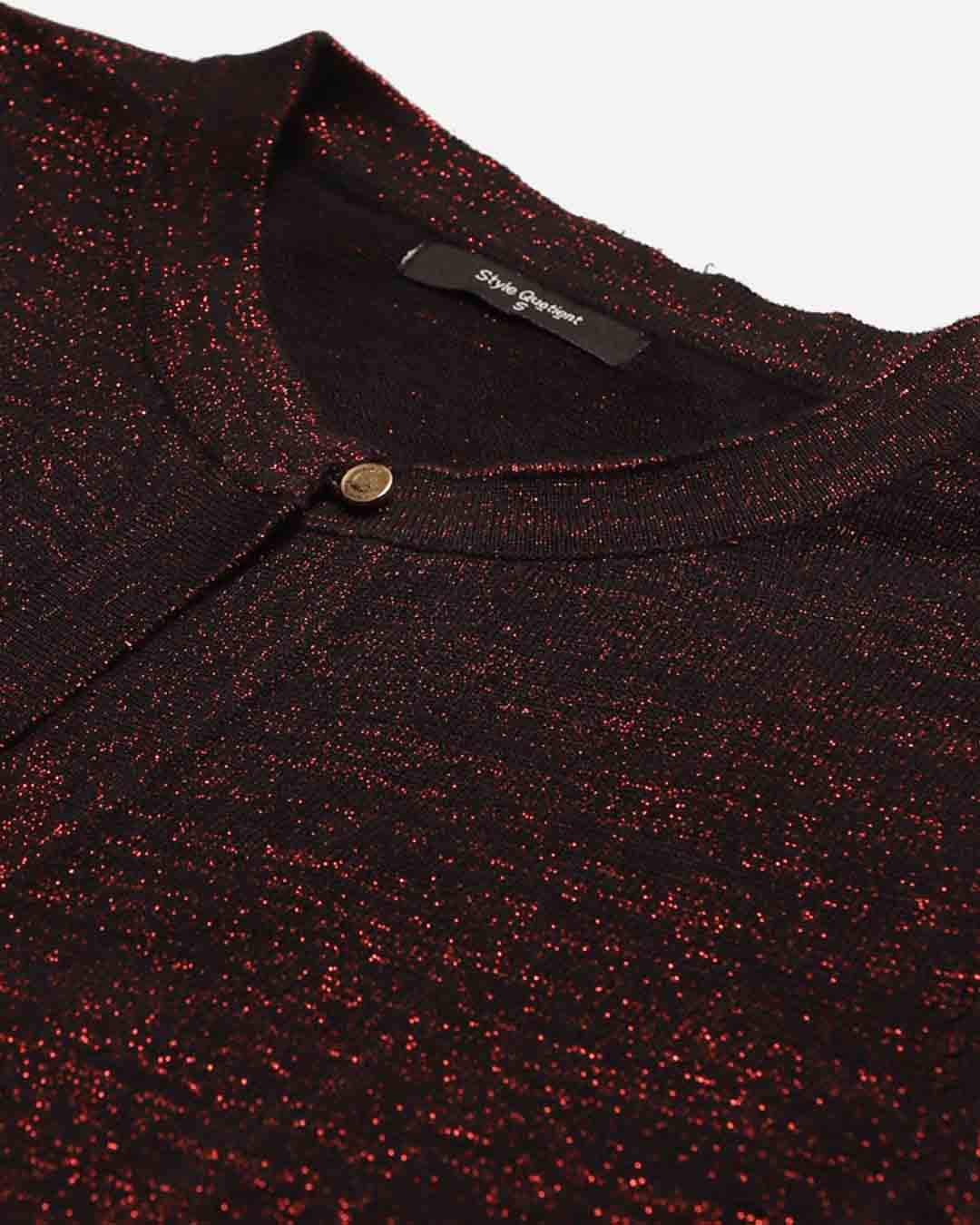 Shop Women Black & Red Shimmered Crop Button Shrug-Back