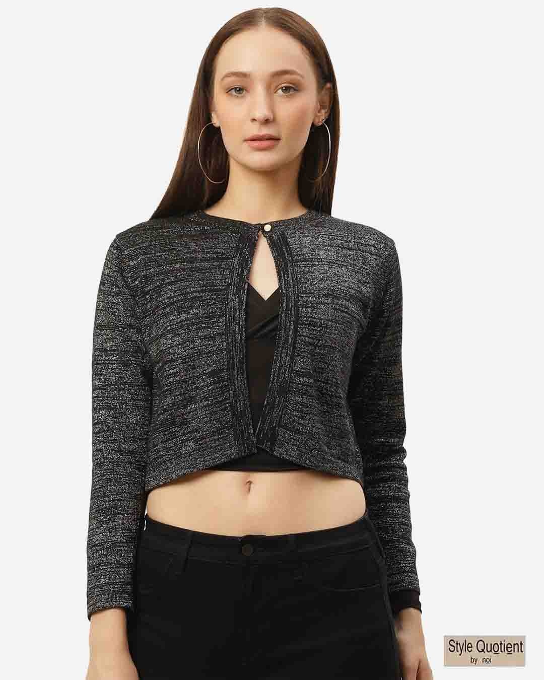 Buy Women's Black & Silver Shimmered Crop Button Shrug Online at Bewakoof
