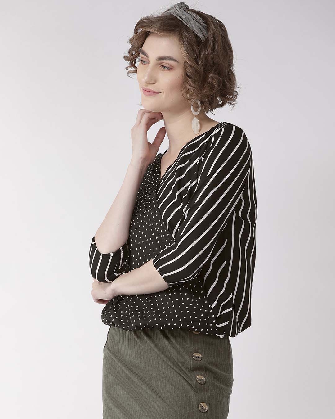Shop Women's Black & White Striped Blouson Top-Back