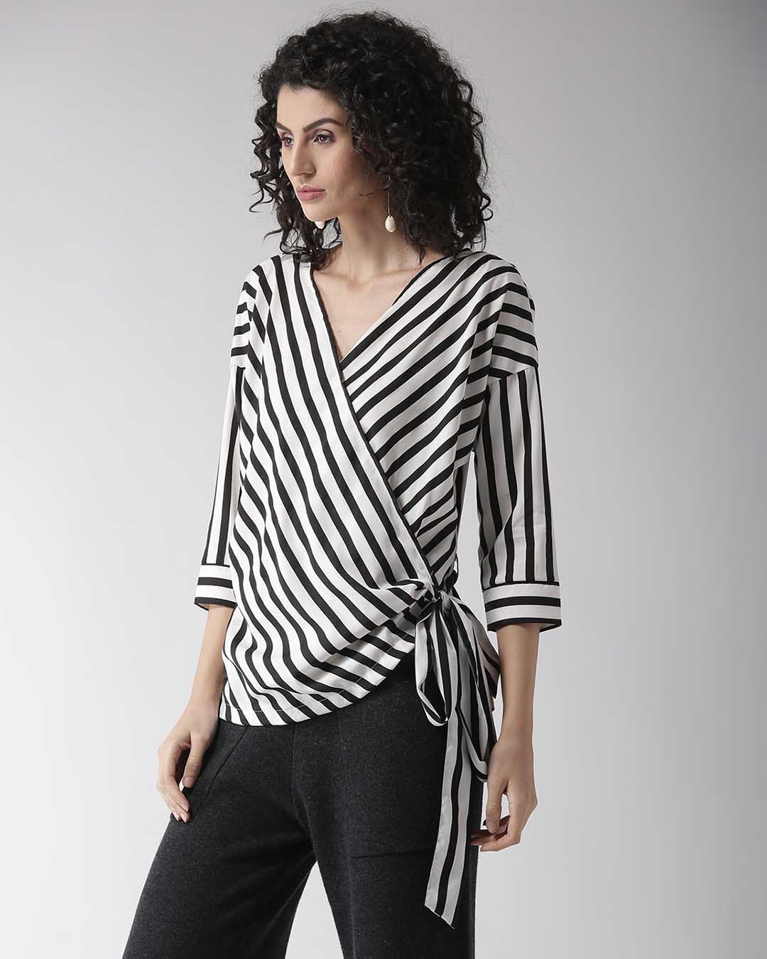 Shop Women's Black & White Striped Wrap Top-Back