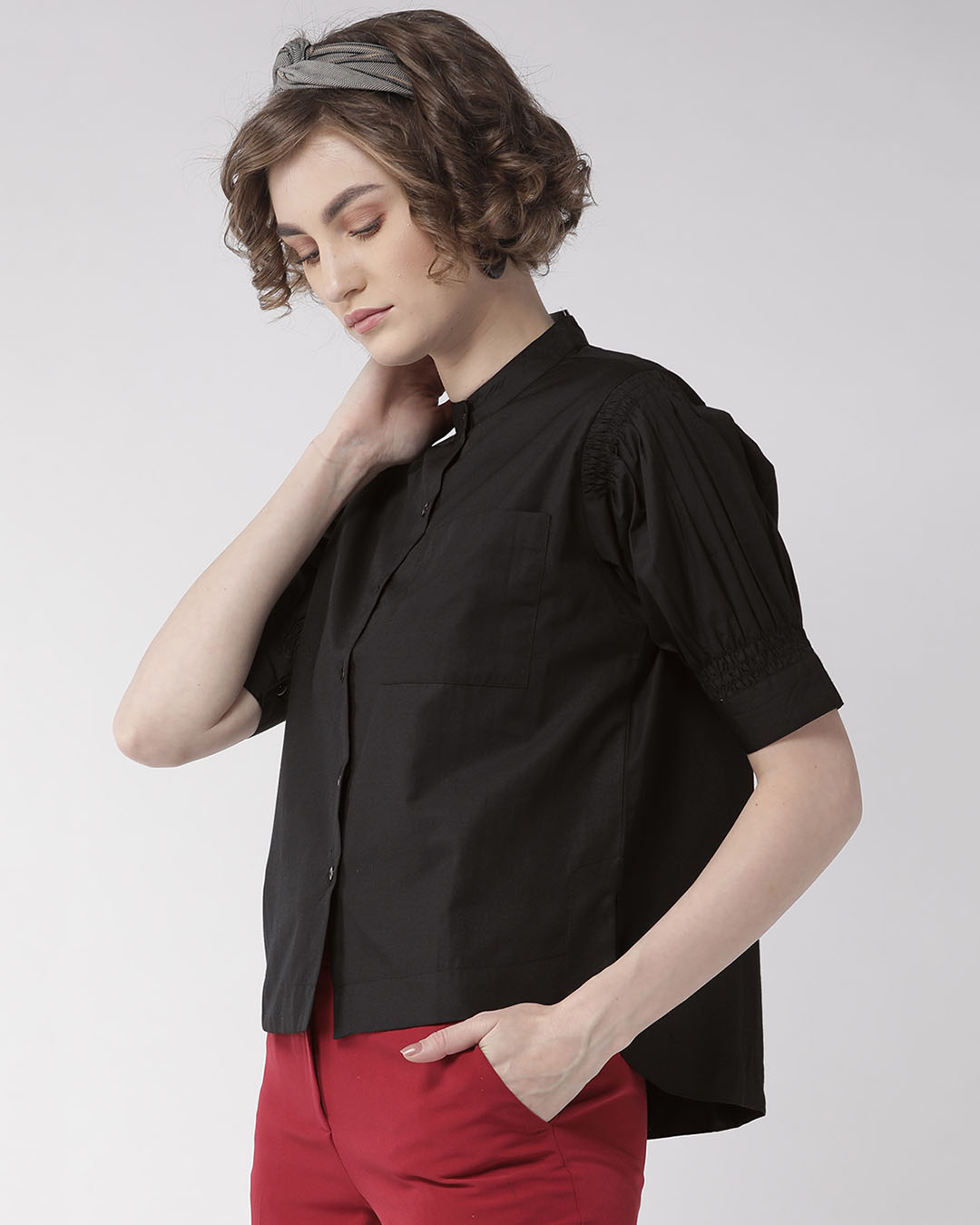 Shop Women Black Comfort Boxy Fit Solid Casual Shirt-Back