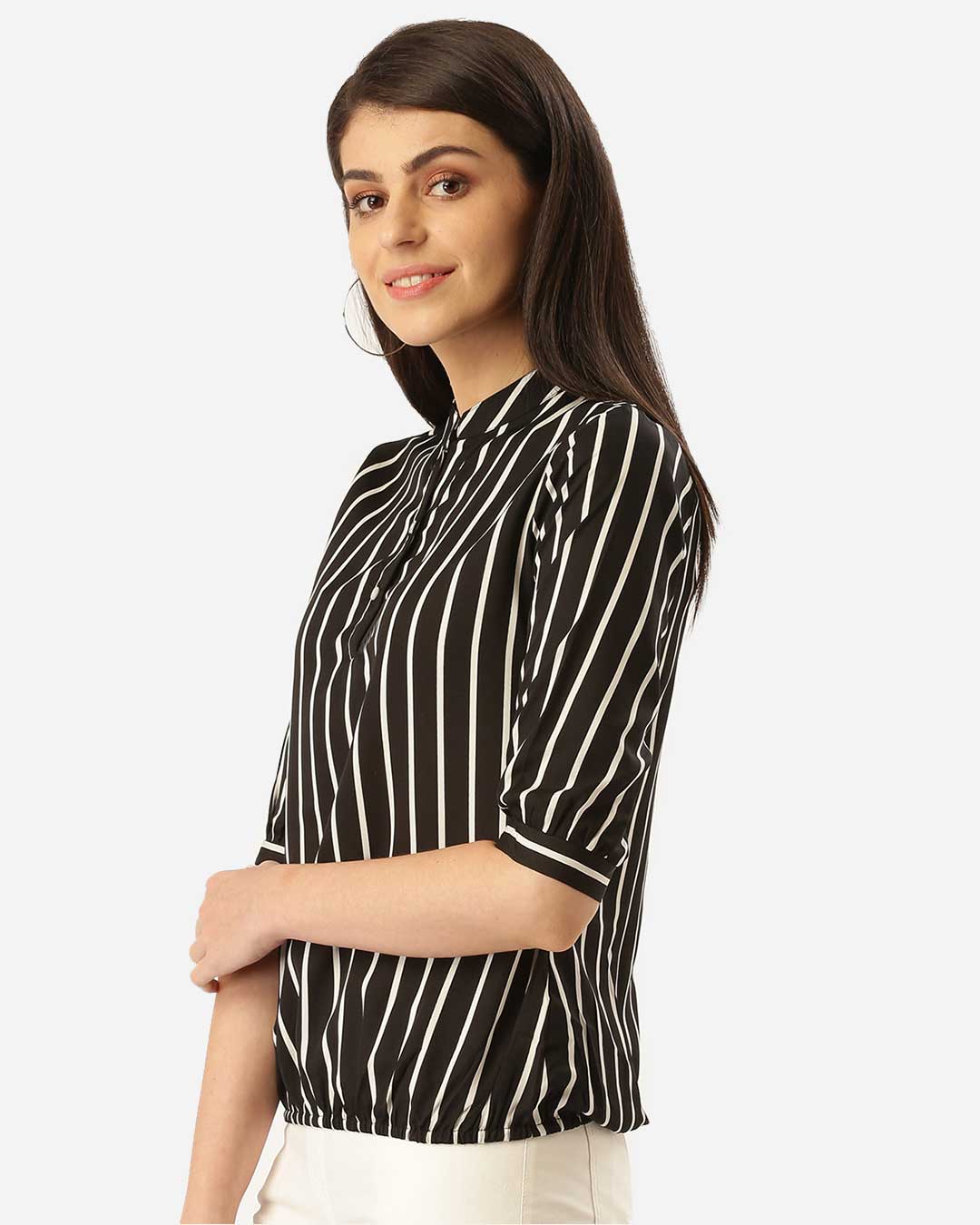 Shop Women Black & White Striped Blouson Top-Back