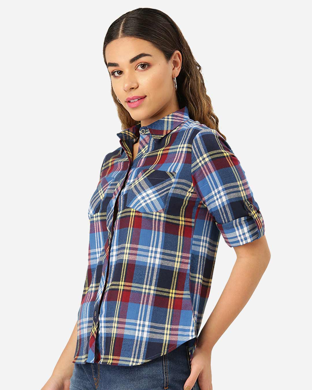 Shop Women Blue & Maroon Twill Weave Checked Casual Shirt-Back