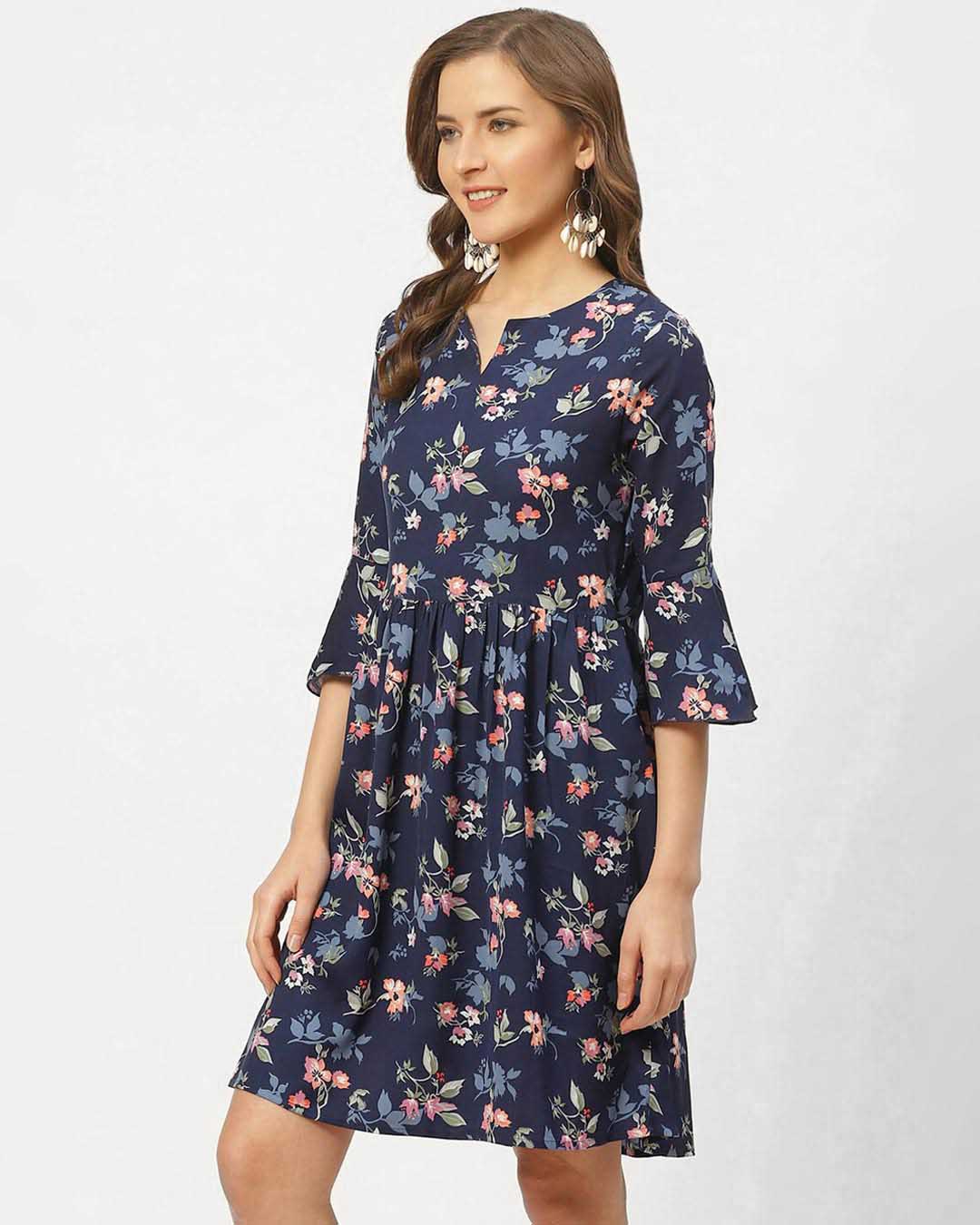 Shop Women Blue & Pink Floral Print A Line Dress-Back