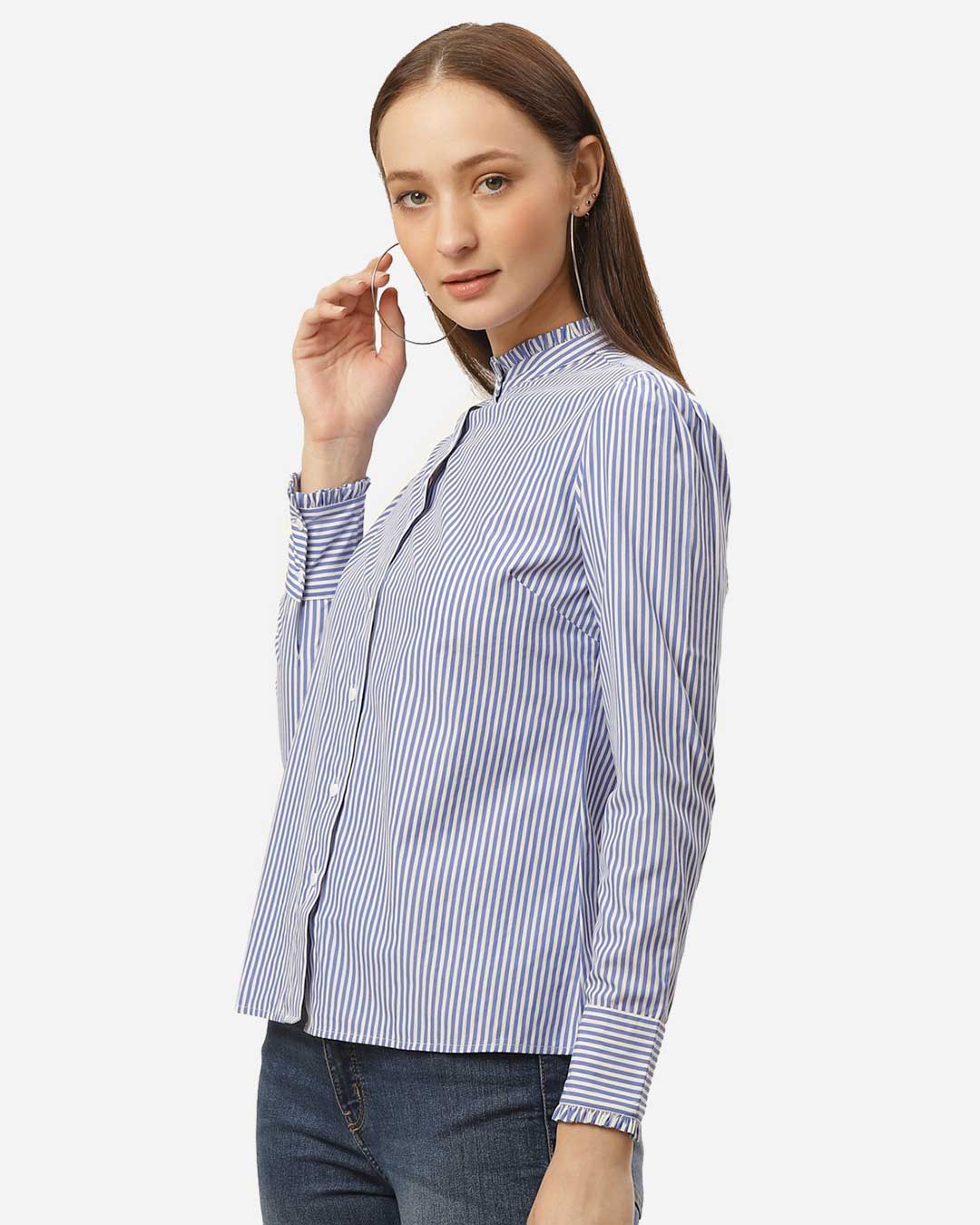 Shop Women Blue & White Standard Striped Smart Casual Shirt-Back