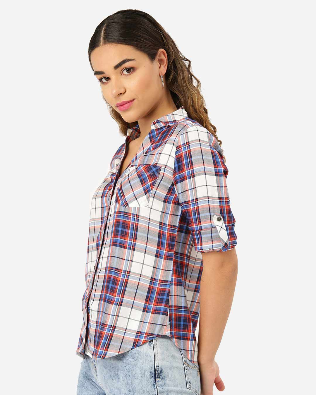 Shop Women Blue & White Twill Weave Checked Casual Shirt-Back