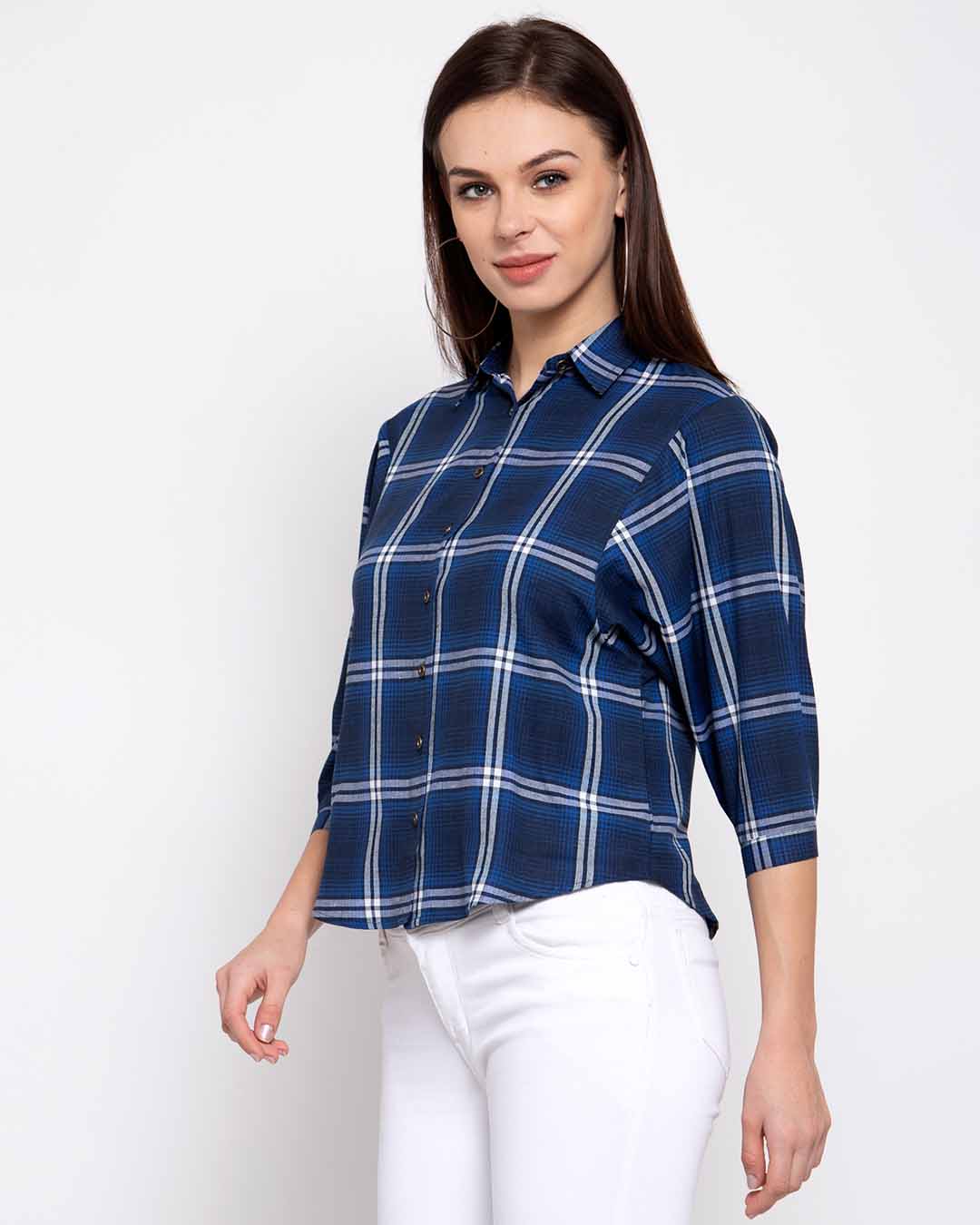 Shop Women's Blue Boxy Checked Casual Shirt-Back