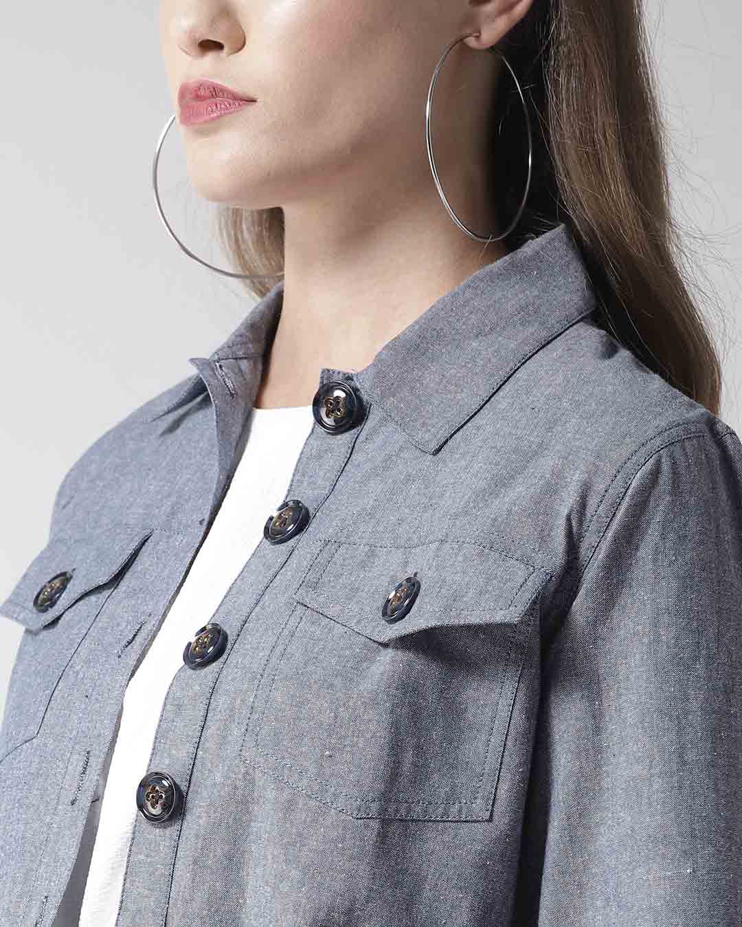 Shop Women Blue Chambray Regular Fit Solid Casual Crop Shacket-Back