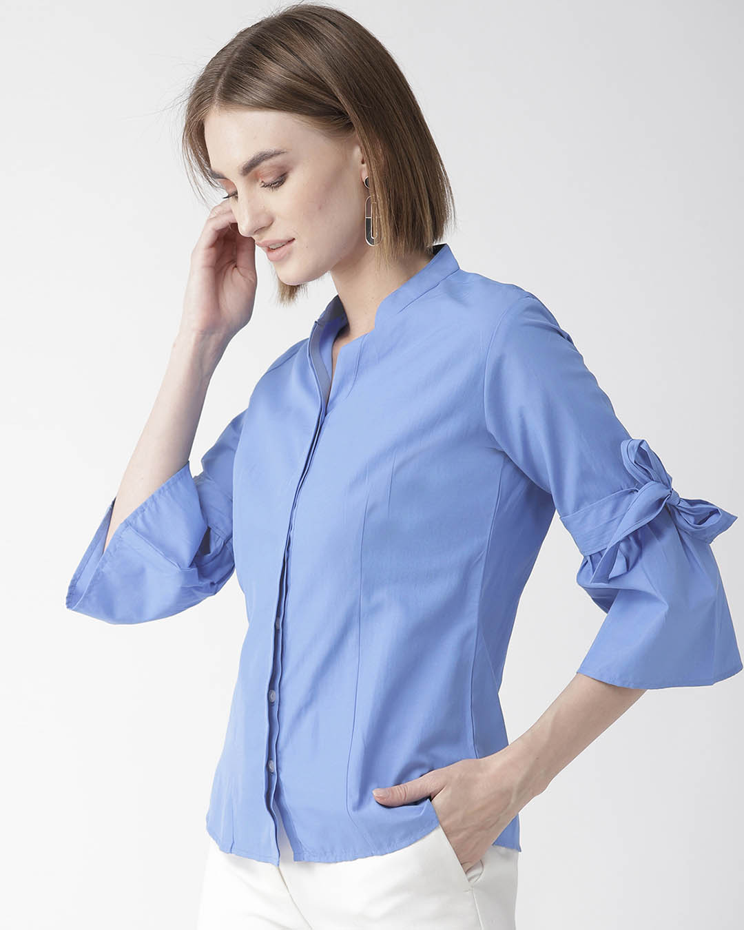 Shop Women Blue Classic Regular Fit Solid Casual Shirt-Back