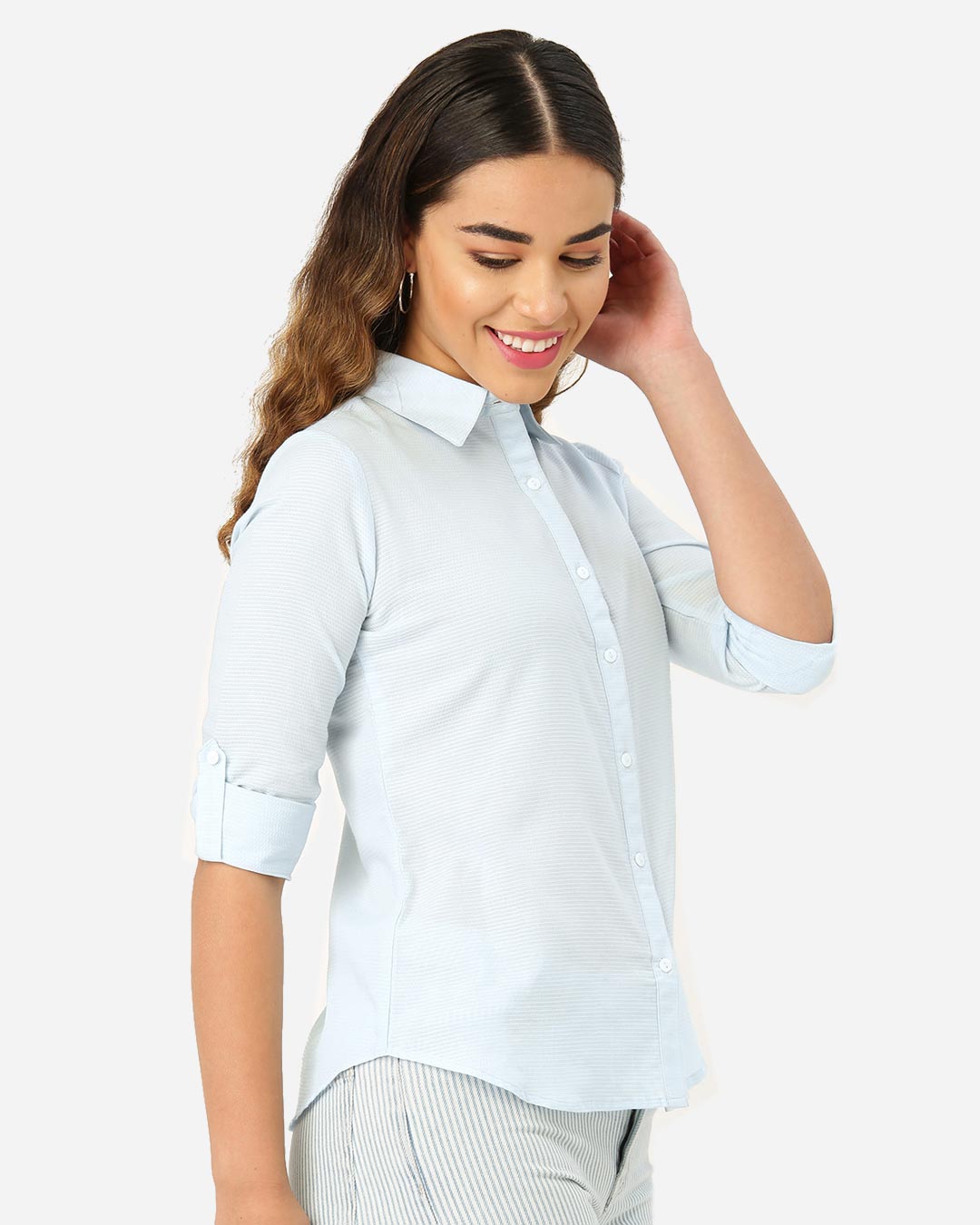 Shop Women Blue Classic Self Design Formal Shirt-Back