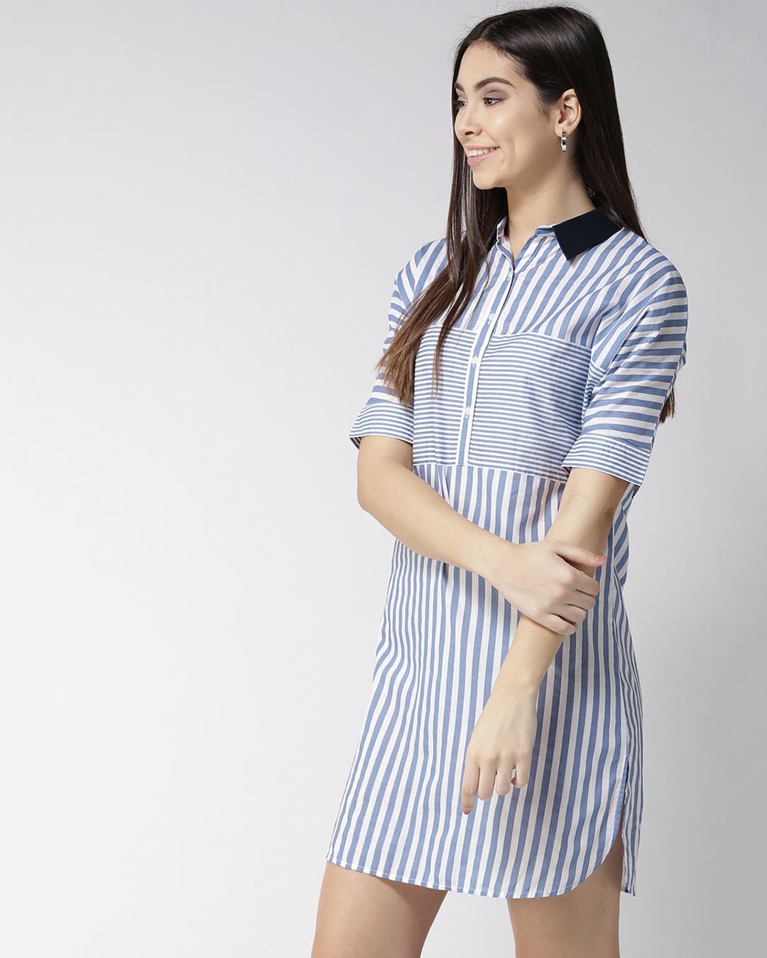 Shop Women Blue & White Striped Shirt Dress-Back