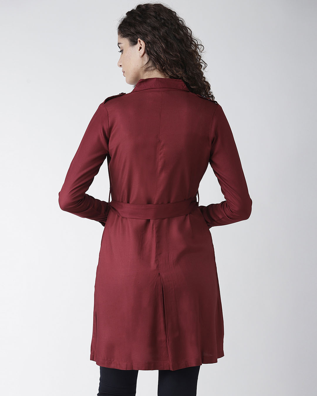 Shop Women Burgundy Solid Double Breasted Overcoat-Back