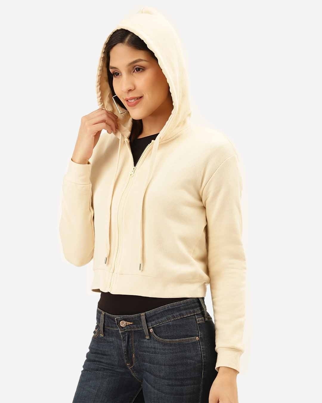 Shop Women's Cream Coloured Solid Hooded Crop Sweatshirt-Back